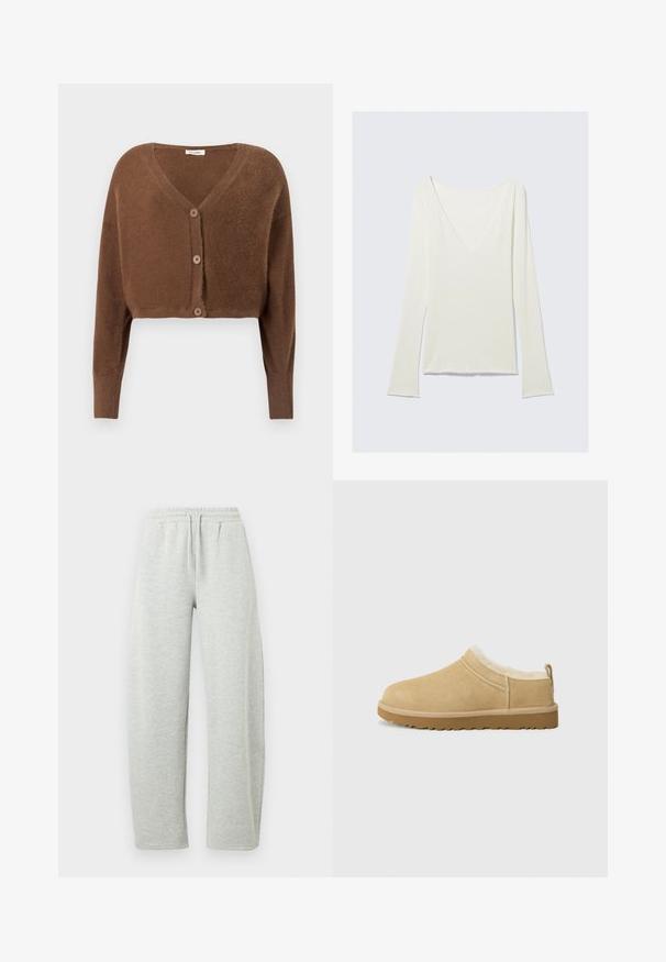 Brun, fluffy, kort cardigan med lange ærmer og tre knapper foran på en ensfarvet lys baggrund.; Hvid, langærmet tætsiddende top med dyb V-hals og let udvidede ærmer, vist på en ensfarvet lys grå baggrund.; Lysegrå joggingbukser med elastisk linning og snørre. Stoffet har en blød tekstur og lige, løstsiddende ben.; Suede slip-on sko i lys tan, med en blød pelsforing og tekstureret gummisål med en let hæl og bagestrop for nem påklædning.