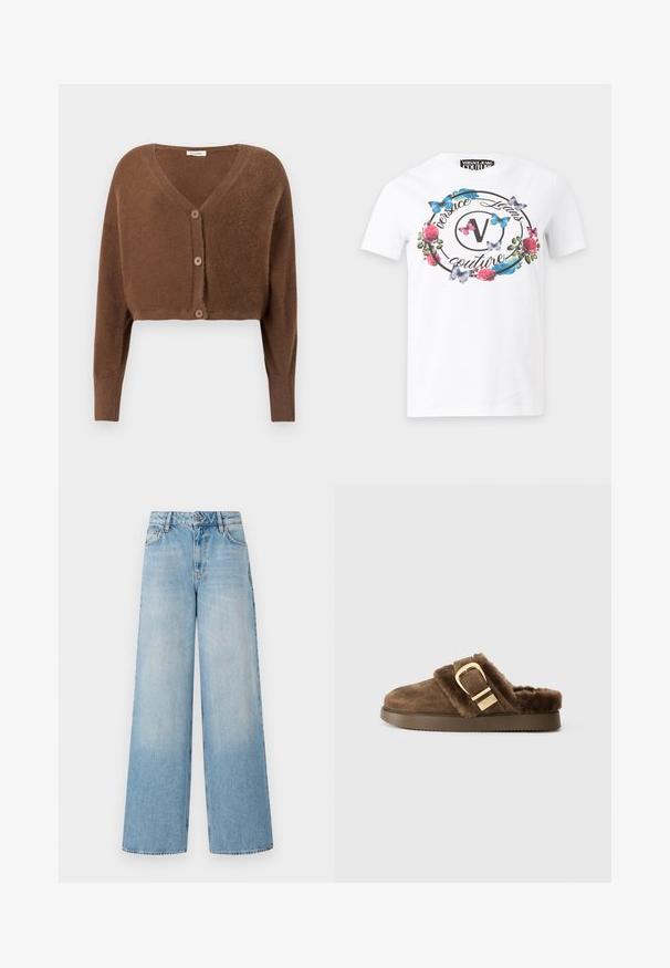 Bruine, pluizige cropped cardigan met lange mouwen en drie knopen aan de voorkant, op een effen lichte achtergrond.; Wit Versace Jeans Couture T-shirt met zwart rond logo, roze rozen en blauwe en roze vlinders aan de voorkant.; Lichtblauwe wijde jeans met een hoge taille, met vervaging bij de benen, riemlussen en een traditionele metalen knoop en ritssluiting.; Bruine suède instapklompen met luxe nepleer afwerking en grote gouden gesp aan de zijkant, platte zool, gezien vanaf de linkerkant op een witte achtergrond.