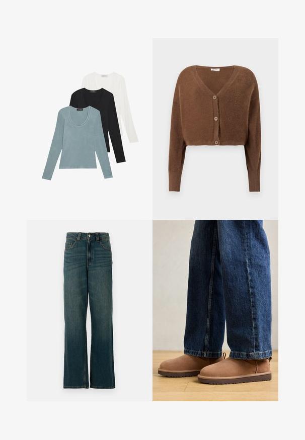 Brun, fluffy, kort cardigan med lange ærmer og tre knapper foran på en ensfarvet lys baggrund.; Tre langærmede toppe i lys blå, sort og hvid. Designet har en rund udskæring og en blød, let stoftekstur.; Straight-leg blå denim jeans med fem lommer og knaplukning, vist på en hvid baggrund.; Brune ruskinds ankelstøvler med flad sål, rund tå og en lille træktab, parret med blå denimjeans med lige skæring.