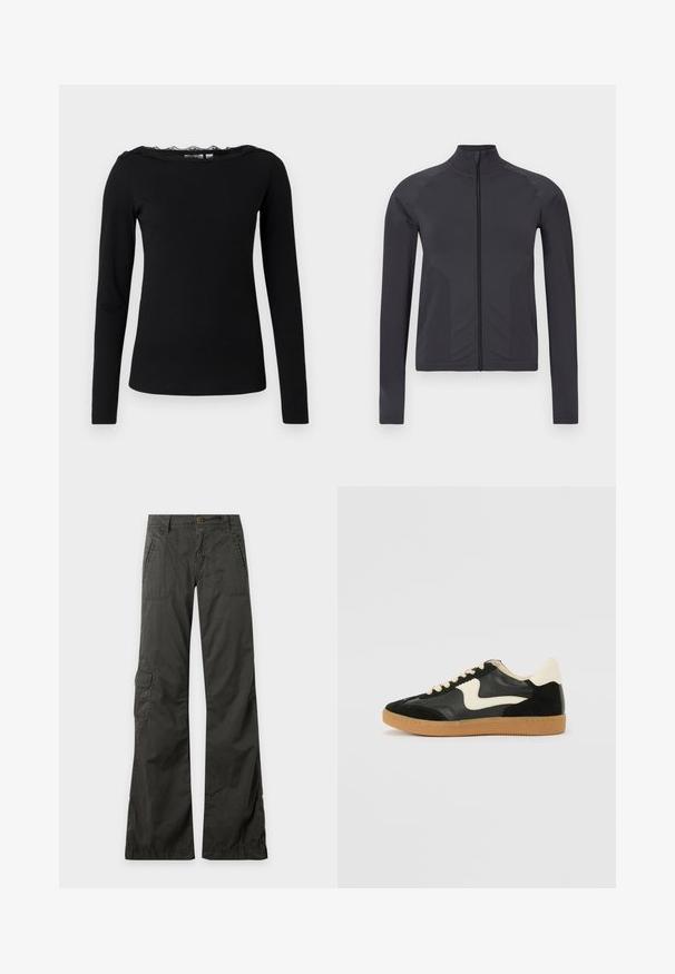 Schwarze sportliche Langarm-Jacke mit Reißverschluss, hohem Kragen und Nähten entlang der Schultern und Seiten auf einfachem Hintergrund.; Schwarzes Langarmoberteil aus geripptem Stoff. Mit einem gewellten Spitzenkragen. Schlichte, figurschmeichelnde Silhouette mit geradem Saum.; Dunkelgraue Weitbein-Hose mit vorderen und seitlichen Klappentaschen, Gürtelschlaufen und einer Knopfverschluss am Bund vor einfarbigem Hintergrund.; Schwarze Wildleder- und Leder-Sneaker mit einem cremefarbenen Seiten-Swoosh und einer hellcremefarbenen Ferse. Ausgestattet mit beige Schnürsenkeln und einer Gummilaufsohle.