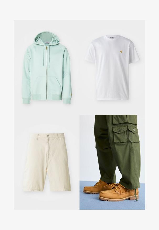 Heled mintsroheline tõmbluku hoodie, mis on valmistatud pehmest kangast. Omab reguleeritavat kapuutsi, kahte esikot, ja soonikservi. Kard logo varrukal.; Valge puuvillane t-särk lühikeste varrukatega, ümmargune kaelus, millel on väike kuldne logo vasakul rinnal. Pehme tekstuur ja regulaarne lõike.; Beige puuvillased lühikesed püksid sirge lõikega, nööbi ja tõmbluku sulgemisega, kahe esise taskuga ja ühtlase tekstuuriga. Ei ole nähtavaid mustreid ega aktsente.; Timberland AUTHENTIC 3 EYE - Purjetamiskingad - wheat