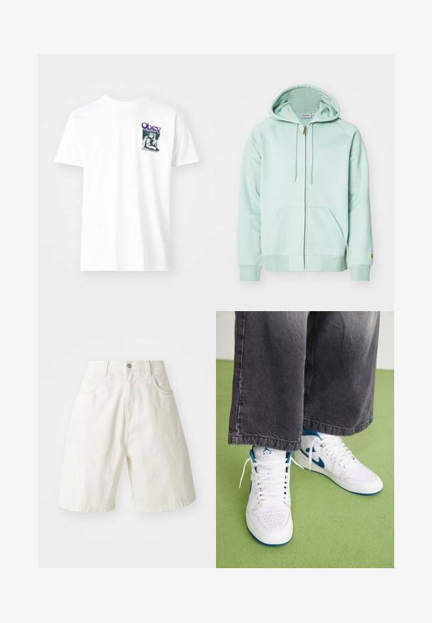Svetlo mätovo zelená mikina na zips vyrobená z jemnej látky. Má sťahovaciu kapucňu, dve predné vrecká a rebrované manžety. Logo na rukáve.; Biely bavlnený tričko s grafickou potlačou v purpurovej farbe, zobrazujúce sediacu postavu s textom "Obey" a "Stop Worry Now!" v čiernej farbe.; Biele džínsové šortky s uvoľneným strihom, majú pás, päť vreciek a rovné nohavice. Tkanina má jemnú štruktúru.; Biele vysoké tenisky s modrými akcentmi, perforovanou špičkou a bielymi šnúrkami. Nosené s voľnými šedými džínsami na zelenej ploche.