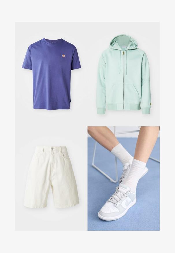 Lys mintgrøn zip-up hoodie lavet af blødt stof. Har en hætte med snor, to frontlommer og ribbede manchetter. Kort logo på ærmet.; Lilla bomulds t-shirt med rund hals og korte ærmer. Har et lille logo på brystet. Glat tekstur, afslappet pasform.; Hvide denimshorts med en afslappet pasform, der har en talje, fem lommer og lige ben. Stoffet har en let tekstur.; Hvide sneakers med lyseblå accenter, læderoverdel, perforeret tå, tykke snørebånd og ribbede hvide sokker mod en blå baggrund.
