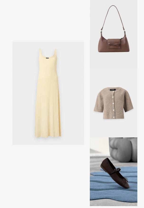 Cardigan beige en maille côtelée à manches courtes avec col rond et boutons blancs sur le devant par Vero Moda.; Robe maxi jaune clair sans manches avec encolure dégagée, corsage ajusté et jupe fluide sur fond uni.; Chaussure plate Mary Jane marron foncé avec boucle et détail nœud reposant sur un tapis texturé bleu ondulé, et un canapé gris rembourré en arrière-plan.; Sac à bandoulière en cuir marron avec une poche à rabat avant ornée d'un détail en forme de nœud cousu et une sangle réglable.