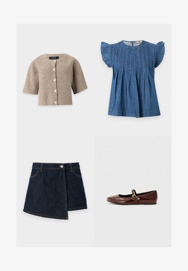 Beige ribstrikket kortærmet cardigan med rund halsudskæring og hvide knapper foran fra Vero Moda.; Blå denim-bluse med korte ærmer, lodrette plisser foran og flæseærmer, rund halsudskæring og lynlås bagpå.; Jeansskørt med en mørk vask, A-formet design, frontlukning med knapper og subtile syninger. Har en sidelukning.; Brun patentlæder balletflade med firkantet tå og strop med en lille guldbuckle. Glat tekstur, lav hæl og minimalistisk design.