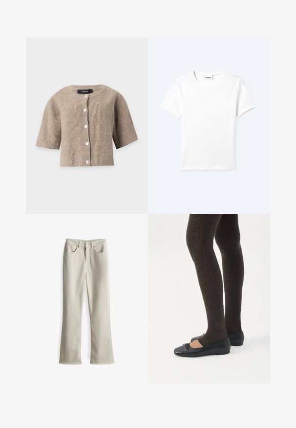 Beige geribbelde gebreide korte mouw cardigan met ronde hals en witte knopen aan de voorkant van Vero Moda.; Effen wit T-shirt met korte mouwen en ronde hals met een klein "WEEKDAY" label aan de binnenkant van de hals, plat neergelegd op een lichte achtergrond.; Beige, hoog getailleerde flared jeans met een gladde textuur, vijf-pocket ontwerp en rafelige zomen aan de onderkant, gemaakt van katoen.; Benen met donkere geribbelde leggings gecombineerd met zwarte ballerina's met kleine strikdetails op een witte achtergrond.