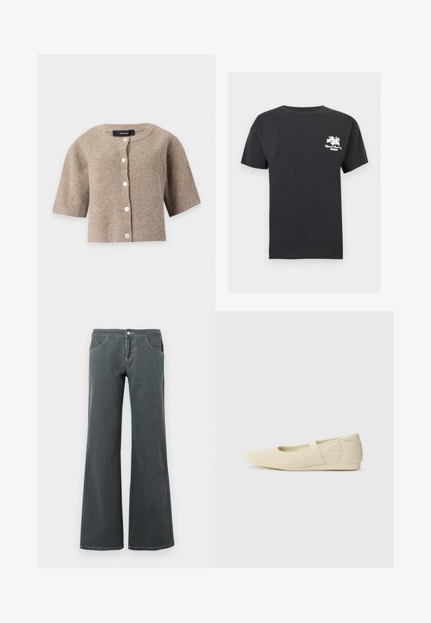 Beige ribstrikket kortærmet cardigan med rund halsudskæring og hvide knapper foran fra Vero Moda.; Sort t-shirt med korte ærmer og rund halsudskæring med en lille hvid hibiscusblomst og teksten "Rip Curl Surf Co" på øverste venstre bryst.; Grå jeans med vidde, lavet af denim med en glat tekstur. Funktioner inkluderer en knaplukning, bælteløkker og forlommer.; Lysebrune ballet flats med en glat læderoverflade, mandelformet tå og elastisk rem over vristen, med diskrete syninger.