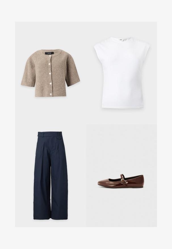 Beige ribstrikket kortærmet cardigan med rund halsudskæring og hvide knapper foran fra Vero Moda.; Hvid ærmeløs top med polstrede skuldre og rund halsudskæring, ensfarvet design, vist på en lysegrå baggrund.; Navyblå viddebenede bukser med læg, bæltestropper og høj talje, vist mod en ensartet lys baggrund.; Brun patentlæder balletflade med firkantet tå og strop med en lille guldbuckle. Glat tekstur, lav hæl og minimalistisk design.