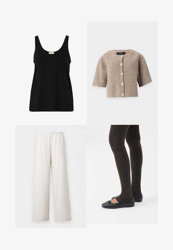 Cárdigan de punto beige con manga corta acanalado, escote redondo y botones blancos en la parte frontal de Vero Moda.; Top sin mangas negro hecho de suave algodón, con un escote redondeado y un corte relajado, sin patrones visibles ni detalles de hardware.; Pantalones beige crema de corte holgado con cintura elástica y piernas anchas rectas, mostrados sobre fondo blanco liso.; Piernas con leggings oscuros acanalados combinados con bailarinas negras que presentan pequeños detalles de lazo sobre un fondo blanco.