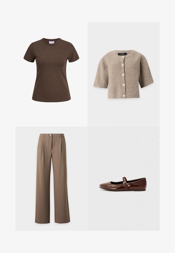 Beige ribstrikket kortærmet cardigan med rund halsudskæring og hvide knapper foran fra Vero Moda.; Brun tætsiddende T-shirt med korte ærmer og rund halsudskæring, vist på hvid baggrund.; Brune højtaljede bukser med vide ben, knap- og lynlåslukning samt forreste plisseringer på en ensfarvet lys baggrund.; Brun patentlæder balletflade med firkantet tå og strop med en lille guldbuckle. Glat tekstur, lav hæl og minimalistisk design.