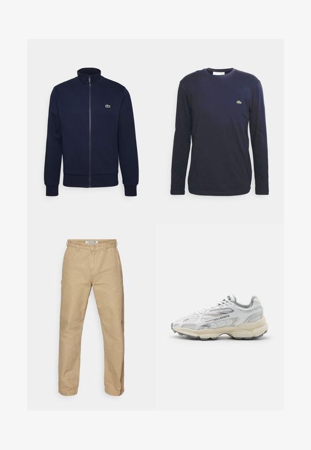 Marineblå lynlås sweatshirt lavet af blødt stof, med høj krave, ribbede manchetter og et lille grønt logo på brystet.; Mørkeblå langærmet t-shirt lavet af bomuld, med rund halsudskæring og et lille grønt krokodillelogo på venstre bryst.; Beige, lette bomuldsbukser med lige ben-design, der har en knaplukning og en subtil tekstur. Lacoste-logo på taljen.; Hvide sportssko med grå detaljer, overdel i mesh og syntetiske materialer, snørebåndsdesign og tekstureret gummisål med grebemønstre.