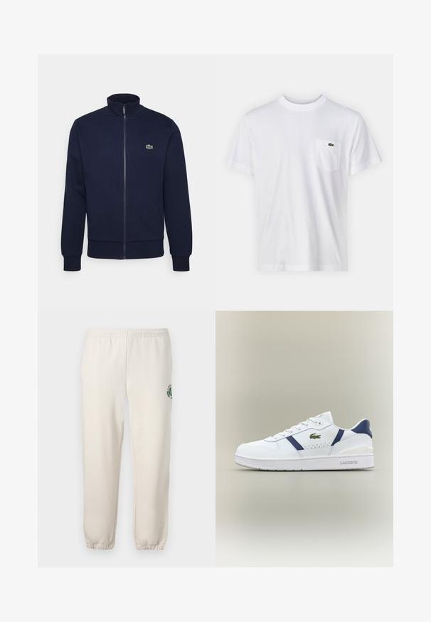 Marineblaue Zip-Hoodie aus weichem Material, mit hohem Kragen, gerippten Bündchen und einem kleinen grünen Logo auf der Brust.; Weißes Baumwoll-T-Shirt mit Rundhalsausschnitt und kurzen Ärmeln. Verfügt über eine linke Brusttasche und ein kleines grünes Lacoste-Logo.; Helle beige Sweatpants aus Baumwolle mit einem elastischen Bund, gerippten Bündchen und einem grünen Logo mit Blattdesign am linken Bein.; Weiße Lacoste-Sneaker mit marineblauen Akzenten, grünem Krokodil-Logo, Schnürdesign und markierten Sohlen auf neutralem Hintergrund.