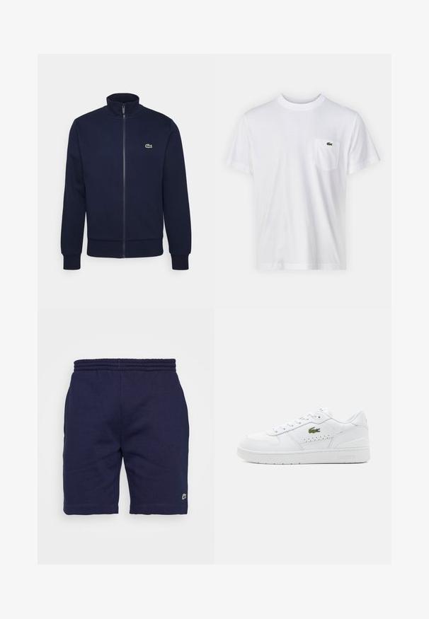 Marineblaue Zip-Hoodie aus weichem Material, mit hohem Kragen, gerippten Bündchen und einem kleinen grünen Logo auf der Brust.; Weißes Baumwoll-T-Shirt mit Rundhalsausschnitt und kurzen Ärmeln. Verfügt über eine linke Brusttasche und ein kleines grünes Lacoste-Logo.; Marineblaue Baumwollshorts mit einem elastischen Bund, ausgestattet mit einem kleinen grünen Logo am linken Bein und einer glatten Textur.; Weiße Leder-Sneaker mit perforierten Akzenten, flachen Schnürsenkeln und einem kleinen grünen Logo an der Seite. Gummisohle und gepolsterter Kragen für Komfort.