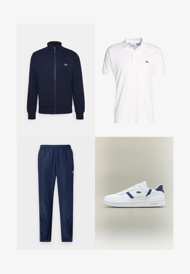 Navy blauwe zip-up sweatshirt gemaakt van zachte stof, met een hoge kraag, geribde manchetten en een klein groen logo op de borst.; Witte polo-shirt van katoen met een klassieke kraag, korte mouwen en een klein groen krokodil-logo op de linkerkant van de borst. Eenvoudig ontwerp.; Marineblauwe sportbroek met een elastische tailleband, taps toelopende pijpen en lichtblauwe accenten aan de zijkanten; gemaakt van een lichtgewicht, glad materiaal.; Witte Lacoste sneaker met marineblauwe accenten, groen krokodillenlogo, vetersluiting en merkschoen op een neutrale achtergrond.