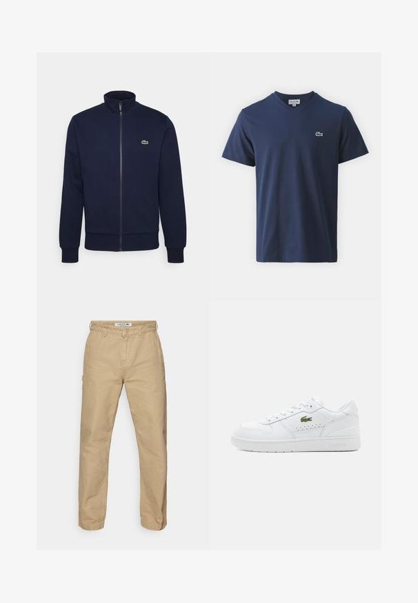 Marineblaue Zip-Hoodie aus weichem Material, mit hohem Kragen, gerippten Bündchen und einem kleinen grünen Logo auf der Brust.; Kleines grünes besticktes Krokodil-Logo mit weißem Rand und rotem Auge auf dunkelblauem Stoffhintergrund.; Beige, leichte Baumwollhose mit geradem Beinschnitt, ausgestattet mit einem Knopfverschluss und einer dezenten Textur. Lacoste-Logo am Bund.; Weiße Leder-Sneaker mit perforierten Akzenten, flachen Schnürsenkeln und einem kleinen grünen Logo an der Seite. Gummisohle und gepolsterter Kragen für Komfort.