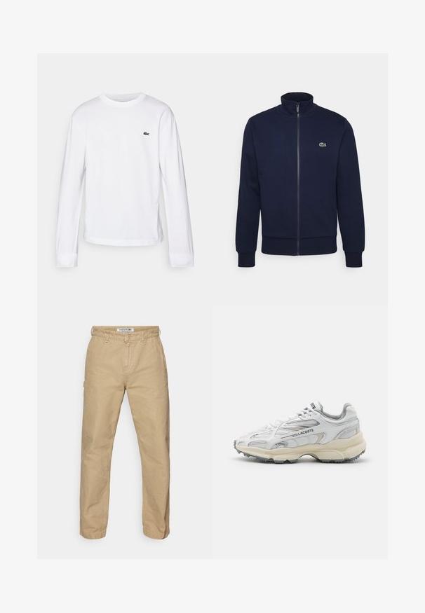 Navy blauwe zip-up sweatshirt gemaakt van zachte stof, met een hoge kraag, geribde manchetten en een klein groen logo op de borst.; Witte lange mouwen T-shirt van katoen. Beschikt over een geribbelde ronde hals en een klein groen geborduurd logo op de borst. Eenvoudig ontwerp.; Beige, lichtgewicht katoenen broek met een rechte pijp, voorzien van een knoopsluiting en een subtiele textuur. Lacoste-logo op de tailleband.; Witte sportieve schoenen met grijze accenten, bovenwerk van mesh en synthetisch materiaal, vetersluiting en een geprofileerde rubberen zool met looppatronen.