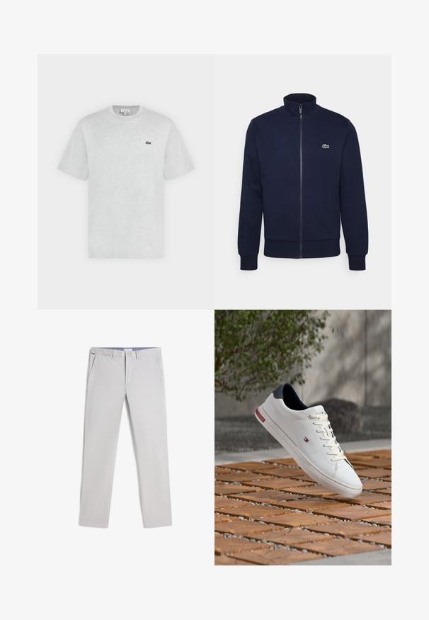 Sweatshirt bleu marine zippé en tissu doux, avec un col haut, des poignets côtelés et un petit logo vert sur la poitrine.; T-shirt gris clair à manches courtes et col rond avec petit logo crocodile vert Lacoste sur la poitrine gauche.; Pantalon homme gris clair slim fit avec poches latérales, fermeture à boutons, passants pour ceinture et petit détail de drapeau rouge, blanc et noir sur la ceinture.; Baskets en cuir blanc avec languette de talon bleu marine et petit logo rouge, blanc et bleu flottant au-dessus d’une surface en bois et cailloux en extérieur.