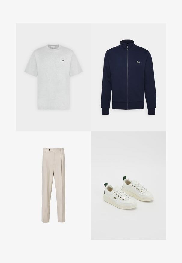 Marineblå lynlås sweatshirt lavet af blødt stof, med høj krave, ribbede manchetter og et lille grønt logo på brystet.; Lysegrå t-shirt med korte ærmer og rund hals med lille grønt Lacoste krokodillelogo på venstre bryst.; Beige skræddersyede bukser med lige ben-design, der har frontplisseringer, knaplukning og en glat tekstur.; Hvide lædersneakers med grønne accenter, snørebåndsdesign, gyldne øjer og teksturerede paneler. Tykk, cremefarvet gummisål.