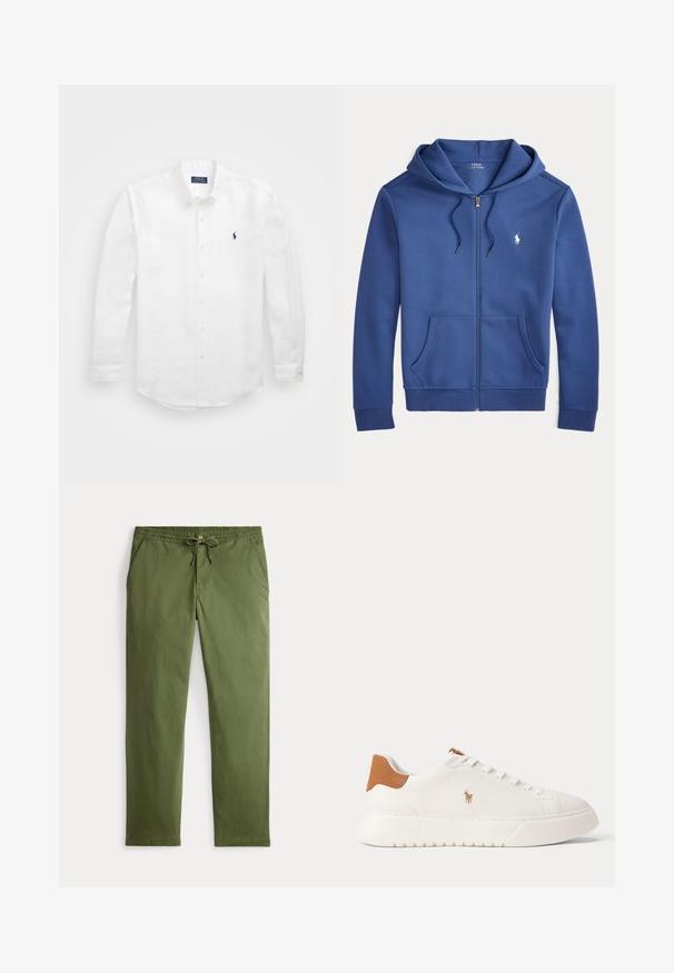 Blauwe zip-up hoodie met voorzakken, capuchon met trekkoord en klein wit Polo Ralph Lauren-logo op de borst.; Witte lange mouwen shirt van katoen met een button-down kraag, voorzien van een klein marineblauw logo op de linkerborst en klassieke knoopsluiting.; Olijfgroene casual herenbroek met elastische tailleband, trekkoord, knoopsluiting en zijzakken, plat weergegeven op een witte achtergrond.; Witte lage sneaker met beige hieltab, witte veters en klein geborduurd polo spelerlogo aan de zijkant boven een dikke zool.