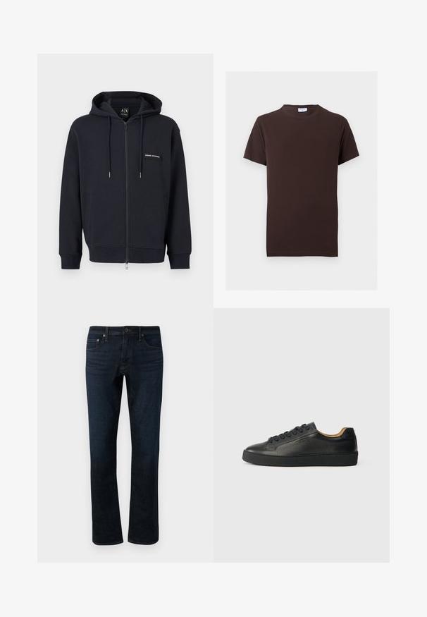 Sudadera negra con cremallera, cordones, bolsillos frontales y un pequeño parche con el logo "Armani Exchange" en el lado izquierdo del pecho.; Camiseta lisa de color marrón oscuro, de manga corta con cuello redondo, ajuste entallado y una pequeña etiqueta blanca en el interior del cuello.; Jeans de mezclilla azul oscuro con corte recto, que presentan un diseño clásico de cinco bolsillos y detalles de costura sutiles.; Zapatilla negra de cuero de caña baja con superficie texturizada, cordones negros y suela de goma gruesa, mostrada de lado sobre un fondo claro.