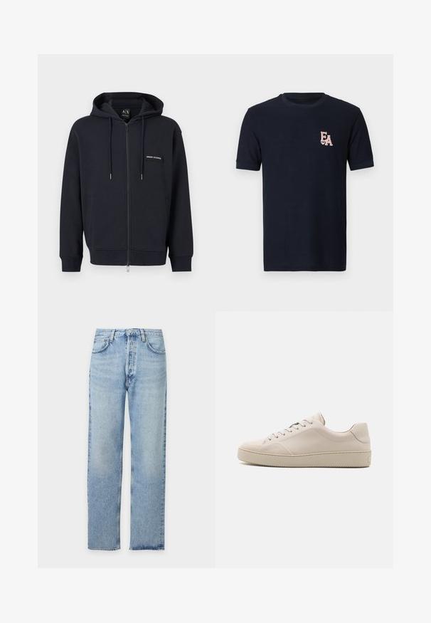 Čierna mikina s kapucňou na zips, s nastaviteľnými šnúrkami, prednými vreckami a malou nášivkou s logom "Armani Exchange" na ľavej strane hrude.; Tmavomodré tričko s krátkym rukávom vyrobené z rebrovanej látky, s ružovým vyšívaným logom "EA" na ľavej strane hrudníka. Klasický okrúhly výstrih.; Svetlomodré rifle s rovnými nohavicami, prednými vreckami, pútkami na opasok a zapínaním na gombíky na bielom pozadí.; Béžové kožené tenisky so hladkým povrchom, okrúhlou špičkou, plochou podrážkou a klasickým šnurovaním. Jemné akcenty z prešívania a textúrovaná podrážka.