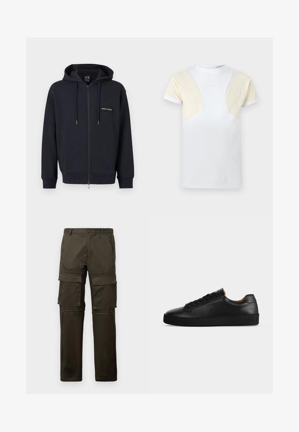 Sort hættejakke med lynlås, snoretræk, frontlommer og lille "Armani Exchange" logo-patch på venstre bryst.; Hvid t-shirt med korte ærmer med beige meshpaneler på skuldre og øvre bryst, med subtilt tekstlogo på fronten.; Mørke olivengrønne cargo bukser med flere store lommer foran og på lårene, knaplukning og syede knæpaneler mod en hvid baggrund.; Sort lavtopet læder-sneaker med sorte snørebånd, tekstureret gummisål og lille præget logo på siden, vist i profil mod grå baggrund.