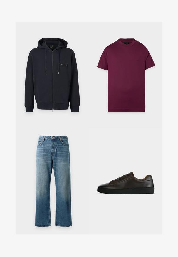 Čierna mikina s kapucňou na zips, s nastaviteľnými šnúrkami, prednými vreckami a malou nášivkou s logom "Armani Exchange" na ľavej strane hrude.; Jednoduché tmavofialové tričko s krátkym rukávom a okrúhlym výstrihom, s malým vyšívaným logom na ľavej strane hrude a čiernou značkovou etiketu vo vnútri goliera.; Svetlomodré široké džínsy s vyblednutým praním, s jedným gombíkom na zapínanie, piatimi vreckami a kontrastným prešívaním.; Nízky profil tmavohnedých kožených tenisiek s čiernou gumovou podrážkou, šnurovanie vpredu a hladkým minimalistickým dizajnom na svetlom pozadí.