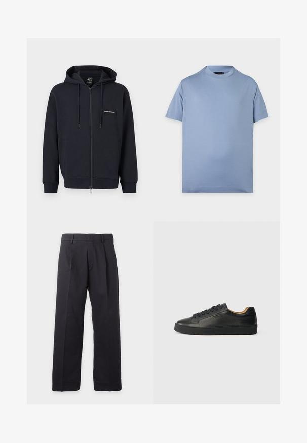Sudadera negra con cremallera, cordones, bolsillos frontales y un pequeño parche con el logo "Armani Exchange" en el lado izquierdo del pecho.; Camiseta sencilla azul claro de manga corta con cuello redondo, con un pequeño y sutil logo en la parte izquierda del pecho sobre fondo blanco.; Pantalones negros de pierna recta con trabillas para cinturón y pliegues delanteros sobre un fondo blanco liso.; Zapatilla negra de cuero de caña baja con superficie texturizada, cordones negros y suela de goma gruesa, mostrada de lado sobre un fondo claro.