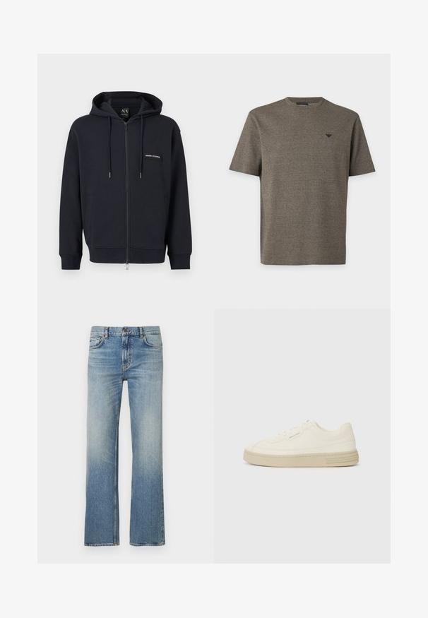 Sudadera negra con cremallera, cordones, bolsillos frontales y un pequeño parche con el logo "Armani Exchange" en el lado izquierdo del pecho.; Camiseta de hombre de manga corta con cuello redondo en verde oliva texturizado con pequeño logo negro en el pecho izquierdo.; Vaqueros de mezclilla azul claro con corte de pierna recta, acabado desgastado, diseño clásico de cinco bolsillos y costuras en contraste.; Zapatillas de lona blancas con suela de goma texturizada, que cuentan con una puntera cosida y un acento de logo en el talón. Diseño simple de cordones.