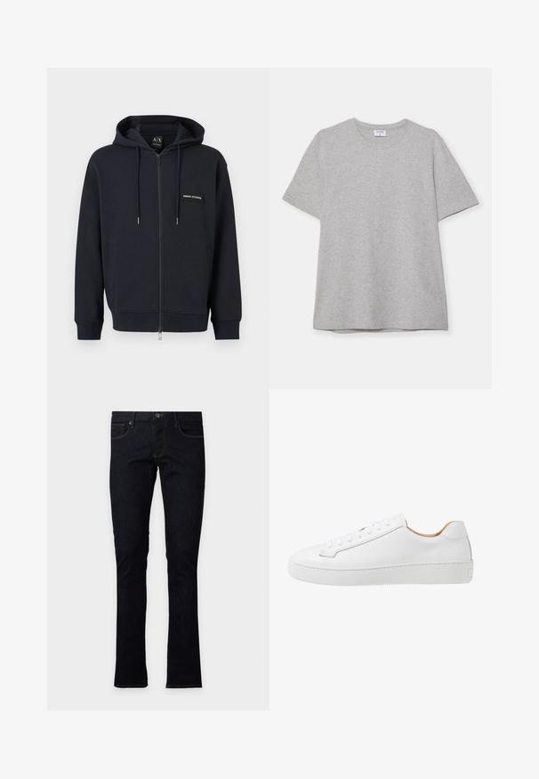 Čierna mikina s kapucňou na zips, s nastaviteľnými šnúrkami, prednými vreckami a malou nášivkou s logom "Armani Exchange" na ľavej strane hrude.; Sivá krátke rukávové tričko vyrobené z mäkkej, textúrnej látky. Má klasický okrúhly výstrih a rovný lem, ideálne na neformálne nosenie.; Tmavomodré slim-fit džínsy s predným zapínaním na gombíky a zips, klasický dizajn s piatimi vreckami, zobrazené na svetlom pozadí.; Biele kožené tenisky s hladkým povrchom, zaoblenou špičkou, plochým šnurovaním a hrubou gumovou podrážkou so štruktúrovaným vzorom pre lepšiu priľnavosť.