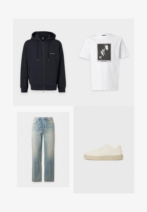 Schwarzer Kapuzenpullover mit Reißverschluss, Kordelzug, Fronttaschen und kleinem "Armani Exchange" Logopatch auf der linken Brust.; Weißes T-Shirt mit kurzen Ärmeln mit einem schwarz-weißen Seitenprofil-Porträt einer Person und Emporio Armani-Logo unter dem Bild.; Hellblaue verwaschene Jeans mit geradem Bein, Frontknopf- und Reißverschluss sowie Fünf-Taschen-Design.; Weiße Leinen-Sneaker mit einer strukturierten Gummisohle, die eine gestickte Zehenkappe und ein Logo-Detail an der Ferse aufweisen. Einfaches Schnürdesign.
