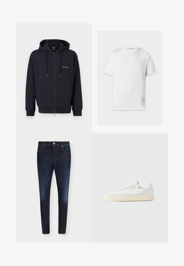 Sweat à capuche zippé noir avec cordons de serrage, poches avant et petite écusson logo "Armani Exchange" sur la poitrine gauche.; T-shirt blanc uni à manches courtes avec un col rond et une petite étiquette rectangulaire portant le texte de la marque près de l'ourlet inférieur du côté droit.; Jean slim bleu foncé avec légère décoloration sur les cuisses, design cinq poches, bouton à l'avant et passants de ceinture sur fond blanc.; Baskets blanches avec dessus en daim et cuir texturé. Caractérisées par un bout arrondi, une fermeture à lacets et une semelle en caoutchouc beige contrastante.