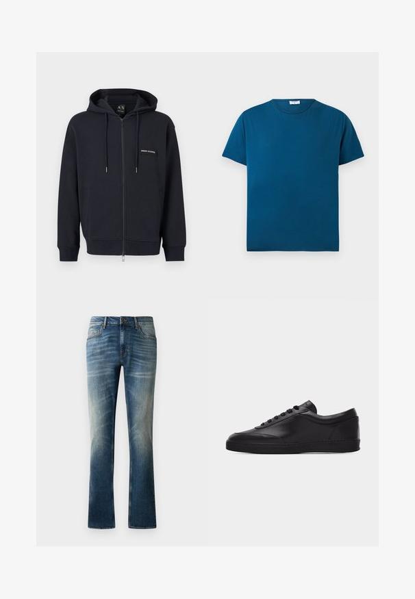 Sort hættejakke med lynlås, snoretræk, frontlommer og lille "Armani Exchange" logo-patch på venstre bryst.; Blå t-shirt med korte ærmer og rund hals, ensfarvet design, lagt fladt på en hvid baggrund.; Blå denim jeans med lige ben, der har et falmet vask, fem lommer og en brun knap i taljen.; Sort lavtstående lædersneaker med snørebånd foran og flad gummisål, vist fra siden på en ensartet hvid baggrund.