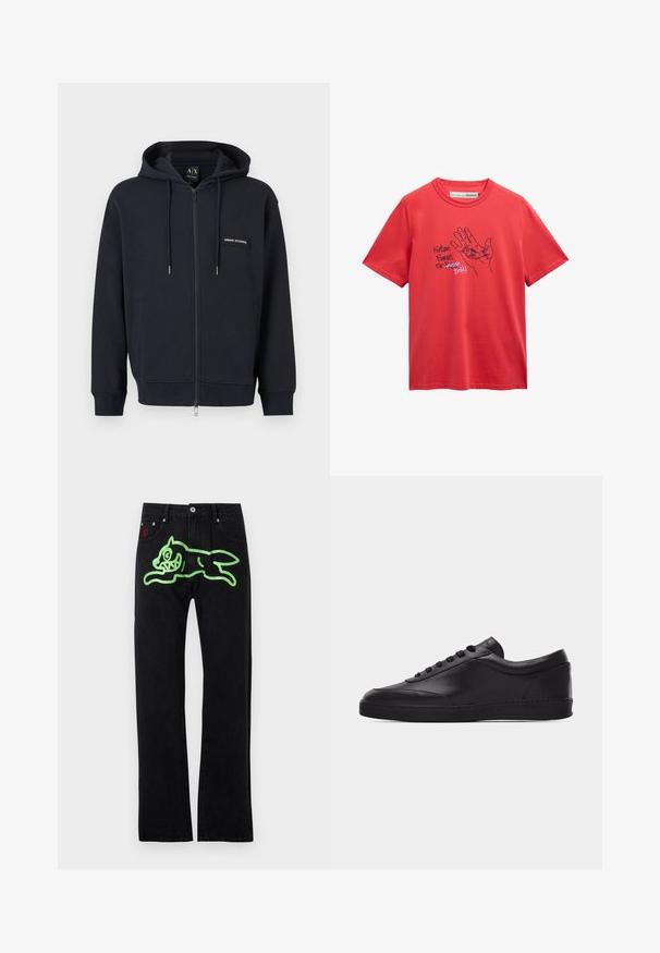 Schwarzer Kapuzenpullover mit Reißverschluss, Kordelzug, Fronttaschen und kleinem "Armani Exchange" Logopatch auf der linken Brust.; Rotes Kurzarm-T-Shirt mit einer Handillustration, die einen Fisch hält, und dem Text "Fortune favours the Bold!" auf der Vorderseite.; Schwarze Jeans mit geradem Schnitt, auf der Rückseite mit einer großen grünen Grafik einer laufenden Cartoon-Katze verziert. Mit silbernen Hardware-Details.; Schwarzer flacher Leder-Sneaker mit Schnürung vorne und flacher Gummisohle, seitlich auf einem schlichten weißen Hintergrund gezeigt.
