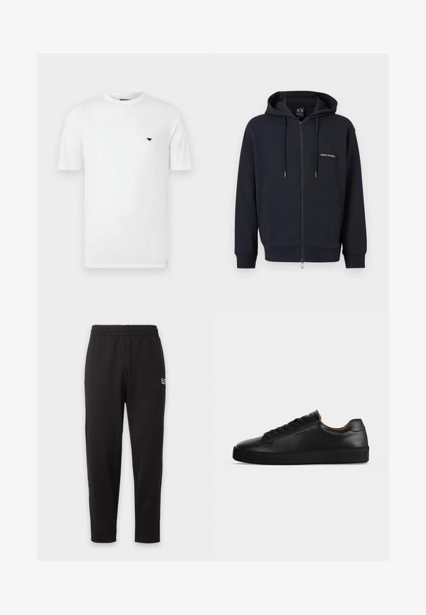 Sweat à capuche zippé noir avec cordons de serrage, poches avant et petite écusson logo "Armani Exchange" sur la poitrine gauche.; T-shirt en coton blanc avec col rond et manches courtes. Présente un petit logo noir sur le côté gauche de la poitrine. Texture lisse, coupe décontractée.; Pantalon de survêtement noir à taille élastique, jambes fuselées, avec un petit logo blanc sur la partie supérieure de la cuisse gauche.; Basket basse en cuir noir avec lacets noirs, semelle en caoutchouc texturée et petit logo embossé sur le côté, présenté de profil sur fond gris.