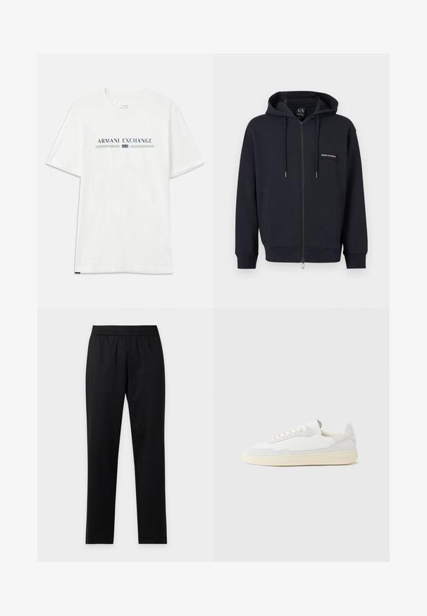 Schwarzer Kapuzenpullover mit Reißverschluss, Kordelzug, Fronttaschen und kleinem "Armani Exchange" Logopatch auf der linken Brust.; Weißes Baumwoll-T-Shirt mit kurzen Ärmeln, das ein blaues und grünes "ARMANI EXCHANGE"-Logo zeigt, mit "1991" zentriert darunter.; Schwarze, gerade Hose mit elastischem Bund, ohne sichtbare Taschen oder Muster, flach auf hellem Hintergrund dargestellt.; Weißer Sneaker mit strukturiertem Obermaterial aus Wildleder und Leder. Verfügt über eine runde Zehenpartie, Schnürverschluss und eine kontrastierende beige Gummisohle.