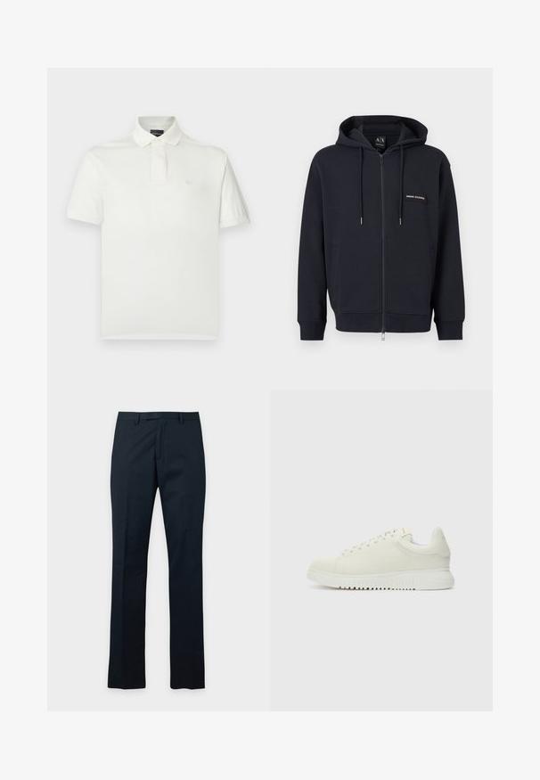 Zwarte hoodie met ritssluiting, trekkoorden, voorzakken en een klein "Armani Exchange" logo op de linkerborst.; Witte poloshirt gemaakt van zachte katoen, met een klassieke kraag, korte mouwen en een klein logo op de borst. Soepele textuur.; Donkerblauwe rechte pantalon met riemlussen en een verborgen voorrits, weergegeven op een witte achtergrond.; Witte leren sneaker met een textuur bovenkant, ronde neus, vlakke witte zool en tonale veters. Subtiele branding op de tong.