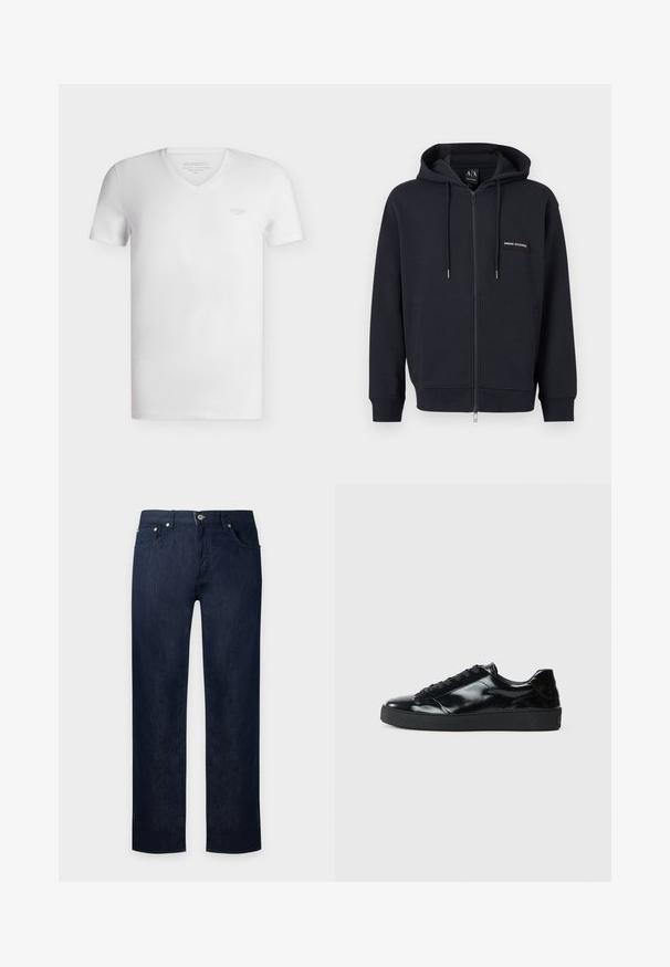 Sweat à capuche zippé noir avec cordons de serrage, poches avant et petite écusson logo "Armani Exchange" sur la poitrine gauche.; T-shirt blanc pour homme à manches courtes avec col en V et petit logo « GUESS » sur la poitrine gauche, présenté sur un fond clair uni.; Jean en denim bleu foncé à jambes droites avec bouton à l'avant et design à cinq poches, présenté sur un fond clair uni.; Baskets en cuir verni noir avec un bout arrondi, un laçage, une semelle en caoutchouc texturé et une finition lisse.