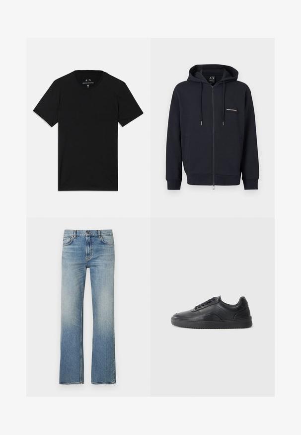 Sudadera negra con cremallera, cordones, bolsillos frontales y un pequeño parche con el logo "Armani Exchange" en el lado izquierdo del pecho.; Camiseta negra de algodón, con mangas cortas, cuello redondo y una etiqueta con el logo de la marca en el cuello interior.; Vaqueros de mezclilla azul claro con corte de pierna recta, acabado desgastado, diseño clásico de cinco bolsillos y costuras en contraste.; Zapatilla negra de cuero con un acabado suave, punta redondeada, panel lateral texturizado y cordones negros. Presenta una suela de goma plana y un diseño minimalista.