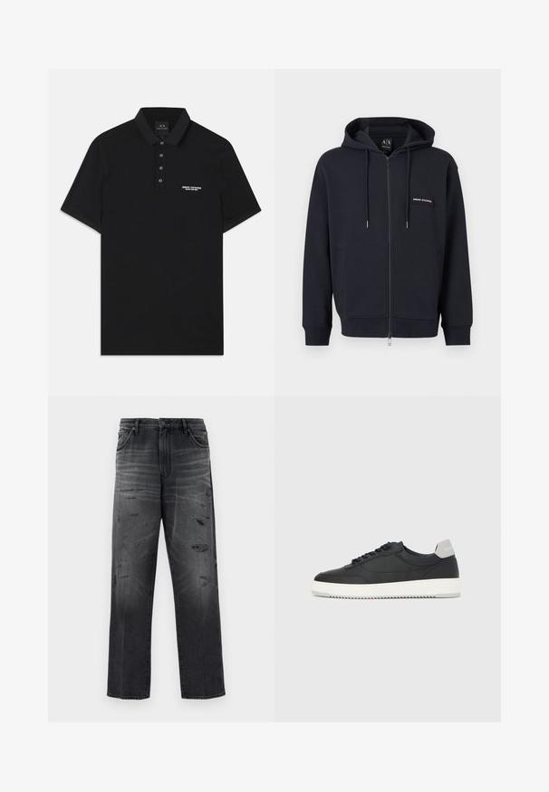 Sort hættejakke med lynlås, snoretræk, frontlommer og lille "Armani Exchange" logo-patch på venstre bryst.; Sort polo skjorte lavet af bomuld, med standard krave, tre-knaps placket og et lille hvidt "Armani Exchange" logo på venstre side.; Sorte denim jeans med en afslappet pasform, der har et falmet design og slidte lapper. Standard fem-lomme stil og en knaplukning.; Sort lavtop-sneakers med hvid sål og grå hælkappe, set fra siden på en helt hvid baggrund.
