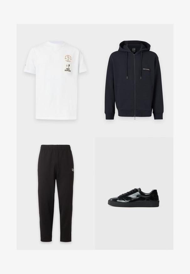 Sort hættejakke med lynlås, snoretræk, frontlommer og lille "Armani Exchange" logo-patch på venstre bryst.; Hvid kortærmet T-shirt med rund hals og to små grafiktryk foran: Wile E. Coyote Coffee-logo og silhuet med teksten "You're despicable".; Sorte elastiske sweatpants med taperede ben og et lille hvidt logo på den øverste venstre lår.; Sorte laklæder sneakers med rund tå, snørredesign, tekstureret gummisål og en glat overflade.