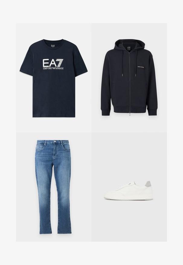 Čierna mikina s kapucňou na zips, s nastaviteľnými šnúrkami, prednými vreckami a malou nášivkou s logom "Armani Exchange" na ľavej strane hrude.; Modrá bavlnená tričko s krátkymi rukávmi a okrúhlym výstrihom. Na prednej strane sa nachádza výrazné biele logo EA7 Emporio Armani.; Modré džínsy z denimu s rovnými nohavicami, zapínaním na predné gombíky a zips, s dizajnom s piatimi vreckami, zobrazené na jednoduchom svetlom pozadí.; Biela nízka teniska so sivým pätovým pásikom, bielymi šnúrkami a členitou podrážkou, zobrazená na jednoduchom svetlom pozadí.