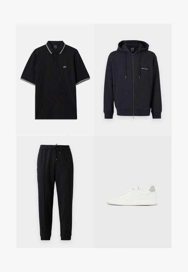 Must musta lukuga kapuutsiga pusa, millel on nöörid, esimesed taskud ja väike „Armani Exchange“ logoga märk vasakul rinnal.; Mustmustäheline polo-särk, mis on valmistatud puuvillast, kahe nööbiga kaelusega, valgete triipudega aksessuaaridel varrukatel ning logoga rinnal.; Mustad mustriga spordipüksid, millel on nööriga vöökoht, elastsed varrukad ja kitsenev lõige. Valmistatud pehmest ja venivast kangast, millel on sile pind.; Valge madala lõikega tennisking halli kandklambri, valgete paelte ja tekstuuriga tallaga, esitletud ühtlasel heledal taustal.