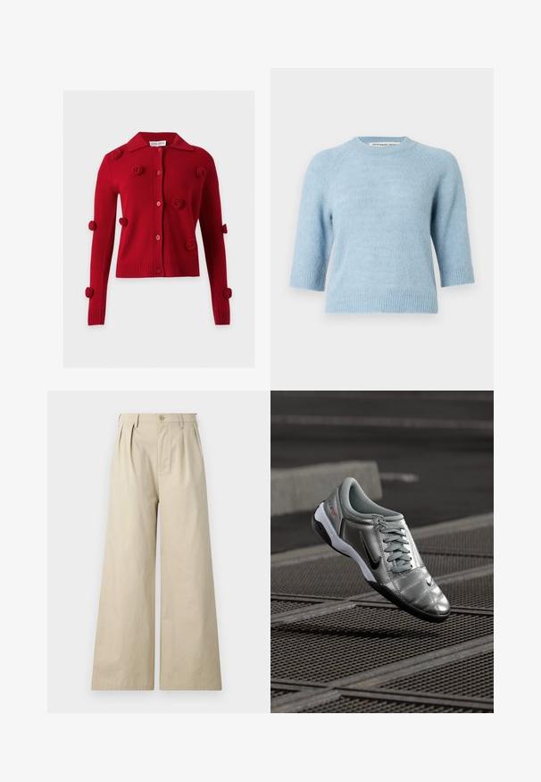 Rød cardigan med knapper og lange ærmer, der har teksturerede cirkulære stofudsmykninger spredt over foran og på ærmerne.; Lyseblå kortærmet sweater med rund hals, ribstrikkede ærmekanter og kant forneden. Fremstillet af blødt, struktureret stof med en afslappet pasform.; Beige brede bukser lavet af bomuld, med plisseringer, knaplukning og sidelommer, samt en glat og blød tekstur.; Sølv Nike sko med en glat finish, der har et snørebåndsdesign og en sort ydersål. Tekstureret overdel med subtile accenter og logo.