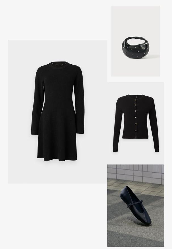 Cardigan noir côtelé à manches longues avec un col rond, avec une fermeture boutonnée à l'avant ornée de boutons dorés en forme de cœur.; Robe noire à manches longues en tissu doux. Dotée d'un col rond, d'un corsage ajusté et d'une jupe évasée, avec une texture lisse. Sans motifs ni accents.; Chaussure plate Mary Jane en cuir noir avec une petite bride à boucle, posée sur une surface en asphalte gris près d'un mur carrelé.; Sac à main en cuir noir de forme arrondie, décoré de clous argentés et équipé d'une poignée courte. Texture lisse et fermeture éclair.