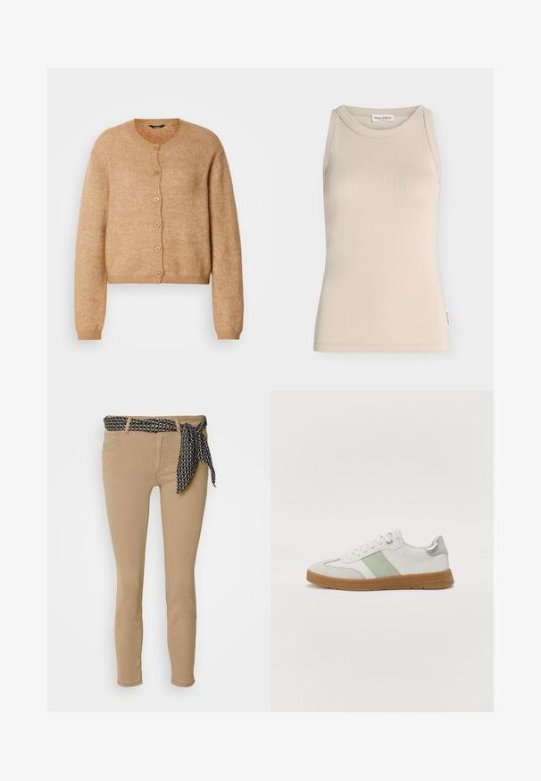Cardigan en tricot beige avec un col rond, six boutons sur le devant et des manches longues. Texture douce avec une coupe légèrement courte.; Débardeur beige sans manches avec encolure ronde, design simple et petite étiquette de marque sur la couture latérale.; Jean skinny beige avec une ceinture à motif noir et un nœud assorti. Dispose de cinq poches et d'une texture douce en mélange de coton.; TOM TAILOR Baskets basses - white/mint