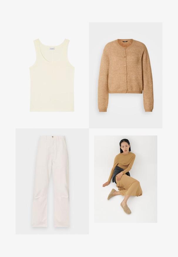 Beige gebreide cardigan met een ronde hals, zes knopen aan de voorkant en lange mouwen. Zachte textuur met een iets cropped pasvorm.; Roomkleurige mouwloze tanktop met een ronde halslijn en een klein merklabel aan de binnenkant aan de achterkant.; Witte high-waisted broek gemaakt van een zachte stof, met twee voorzakken, een rechte pijpdesign en een enkele voering met knoop aan de voorkant.; Jonge vrouw met kort zwart haar zittend op de vloer, draagt een beige jurk met lange mouwen, beige loafers en een donkergrijze trui gestrikt rond de taille.
