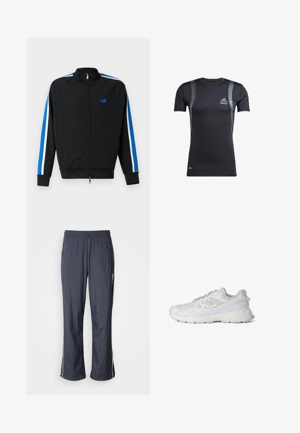 Must musta jakk, millel on kõrge krae, millel on sinised ja valged triibud varrukatel ning väike sinine logo rinnal.; Must värviline lühikeste varrukatega spordipoliis, millel on hallid detailid ja mis on valmistatud venivast kangast. Ees vasakul rinnal on Adidas'i logo ja Techfit bränding.; Tumed sinine kerged treeningpüksid, millel on elastne vöökoht, küljetaskud ja valged aktsendijooned külgedel. Siledat tekstuuri.; Valged madala säärega spordijalatsid võrgust ja nahast paneelidega, jäme tald, paeladega kinnituv ja külje peal brändi logo.