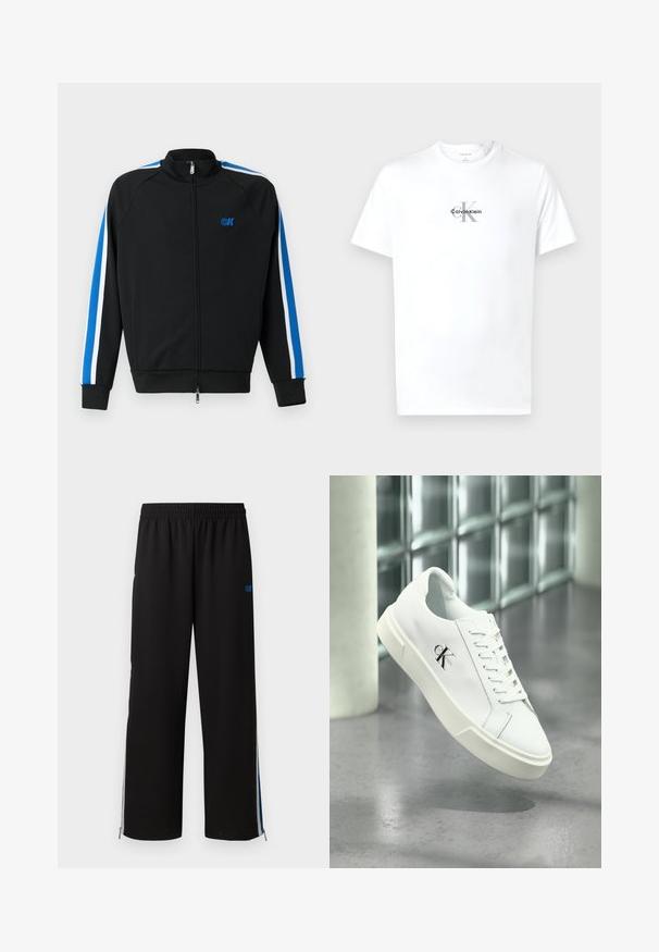 Chaqueta de chándal negra con cremallera y cuello alto, que presenta rayas azules y blancas a lo largo de las mangas y un pequeño logotipo azul en el pecho.; Camiseta de cuello redondo de manga corta blanca con el logotipo "cK Calvin Klein" impreso en negro y gris centrado en el pecho.; Pantalones de chándal negros con cintura elástica, cremalleras laterales y acentos azules en las costuras exteriores. Tejido suave con un diseño de pierna recta.; Zapatilla blanca Calvin Klein con cordones, mostrada flotando sobre un suelo de cemento pulido y un fondo de pared de bloques de vidrio.