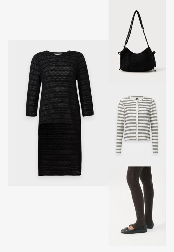 Cardigan rayé en noir et blanc, avec une texture côtelée, un col rond et une fermeture à boutons sur le devant. Design à longueur plus courte.; Robe tricotée noire à manches trois quarts, présentant un motif rayé texturé. Encolure ronde et silhouette à hauteur du genou.; Jambes portant des leggings côtelés foncés associés à des ballerines noires avec de petits détails en nœud sur fond blanc.; Sac à épaule en velours côtelé noir avec une forme courbée, bandoulière réglable et fermetures à cordon des deux côtés pour un ajustement de taille.
